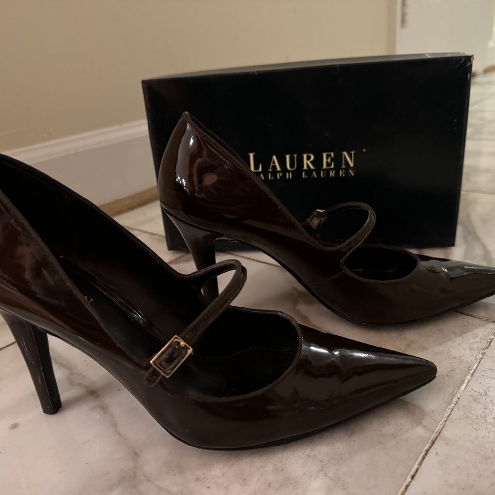 Ralph Lauren Dark Brown Patent Leather Mary Jane Style Pointed-Toe Heels, sz 10B